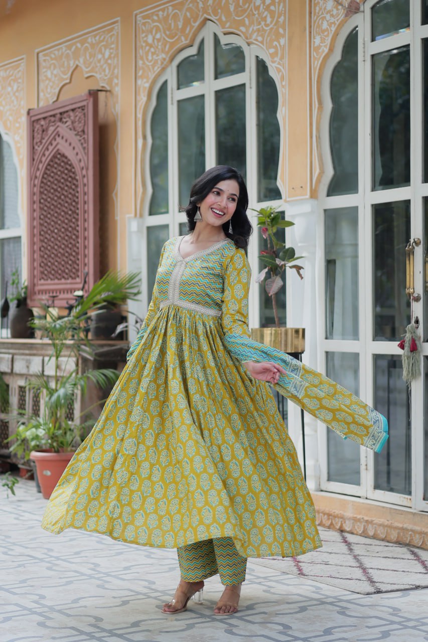 Green printed pure cotton kurti set for women, breathable cotton kurti with pant and dupatta, stylish daily wear kurta set, Indian cotton ethnic wear for summer, comfortable office wear kurti set, trendy green cotton kurti pant combo, soft printed cotton suit set for women, pure cotton kurti set for casual and festive use.